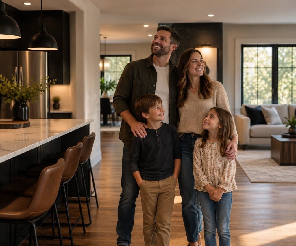 Happy family enjoying their newly renovated modern home